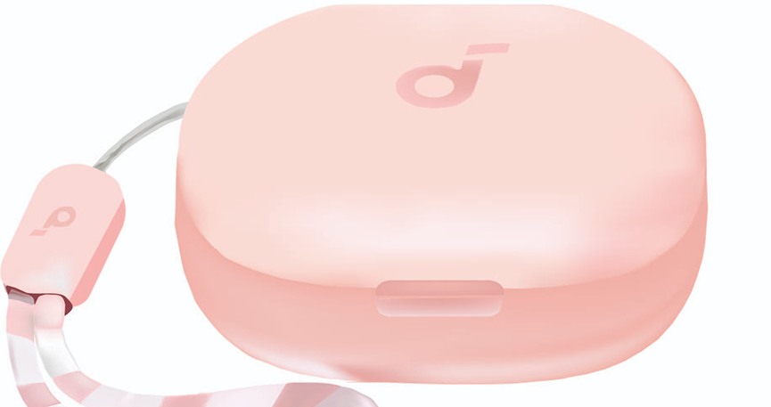 Pink earbud case facing forward.