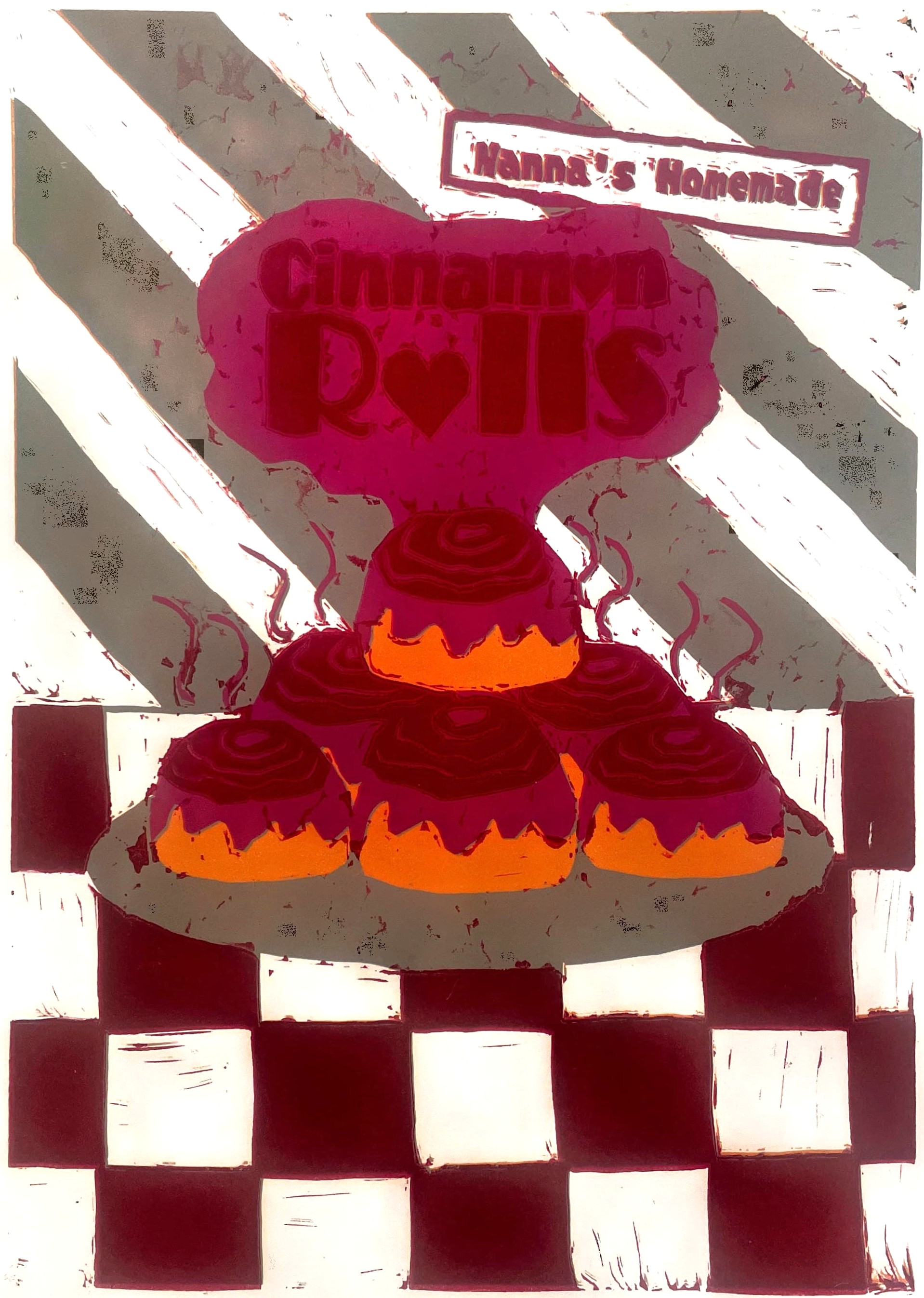 Printed version of a sign that reads Nanna's Homemade Cinnamon Rolls with a stack of cinnamon rolls.