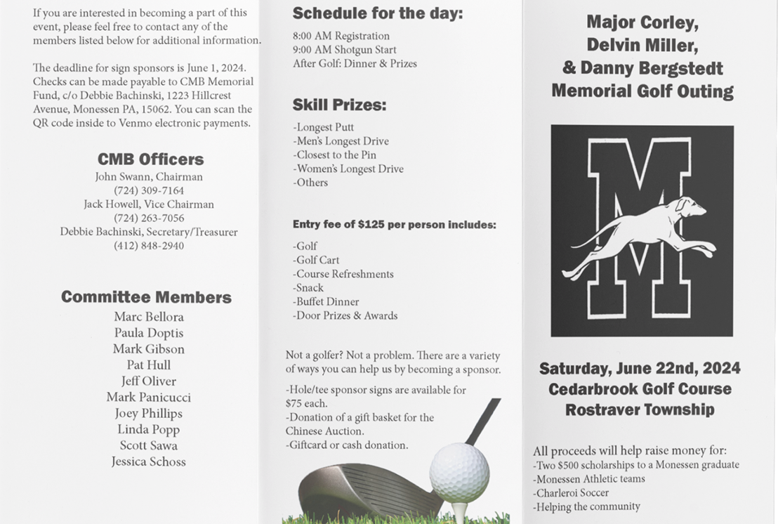 Brochure for a memorial golf outing.
