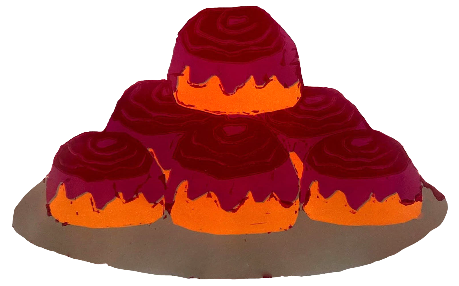 Printed version of a sign that reads Nanna's Homemade Cinnamon Rolls with a stack of cinnamon rolls.