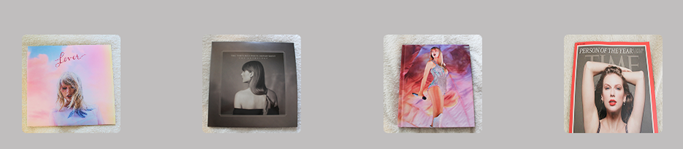 Gallery view of the creator's Taylor Swift merchandise collection.