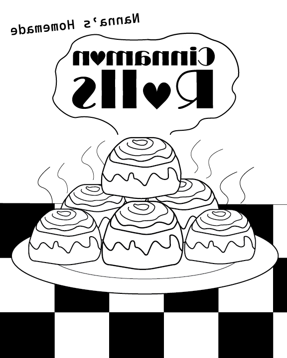 Digital illustration of a sign that reads Nanna's Homemade Cinnamon Rolls with a stack of cinnamon rolls.