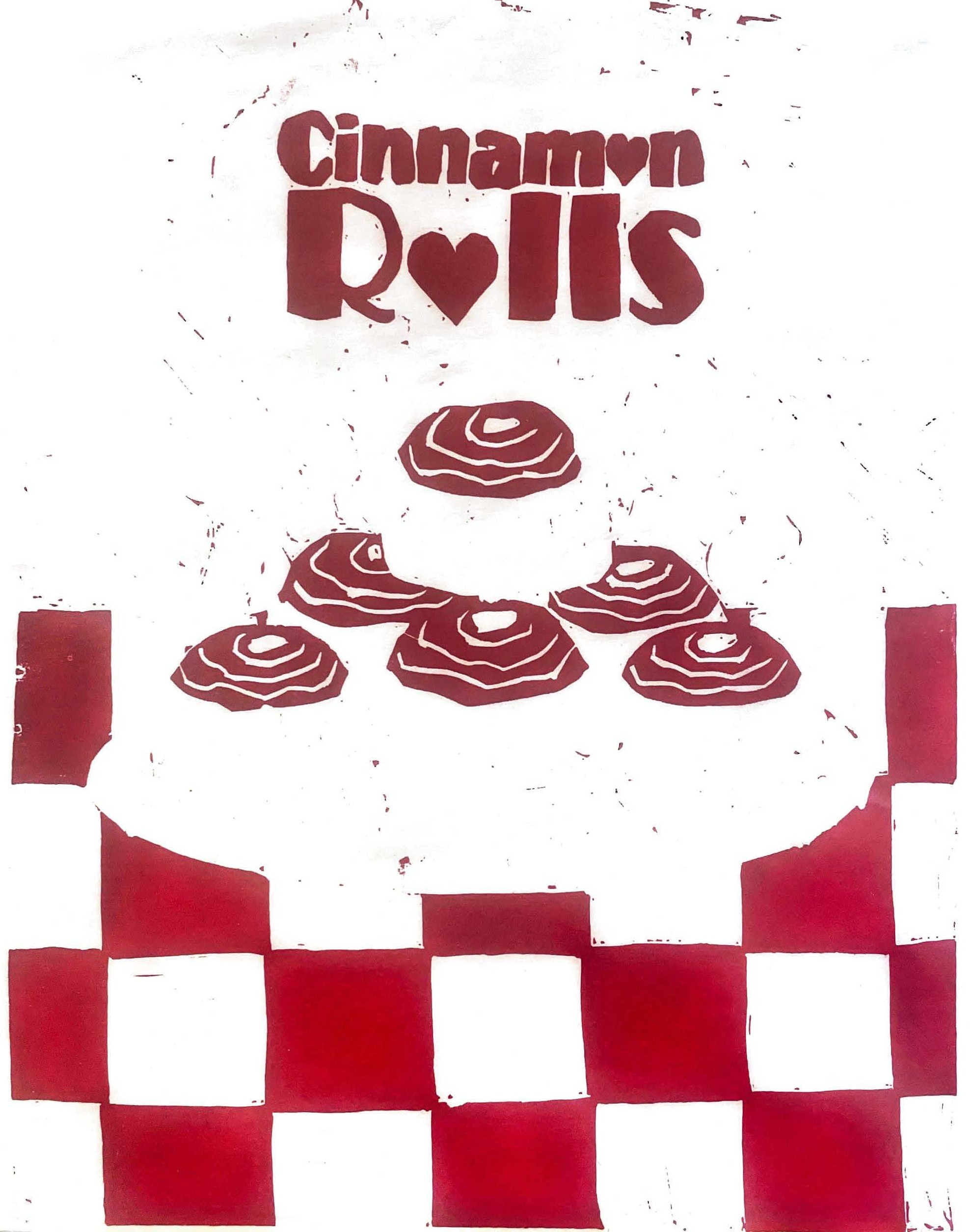 Test print of a sign that reads Nanna's Homemade Cinnamon Rolls with a stack of cinnamon rolls.